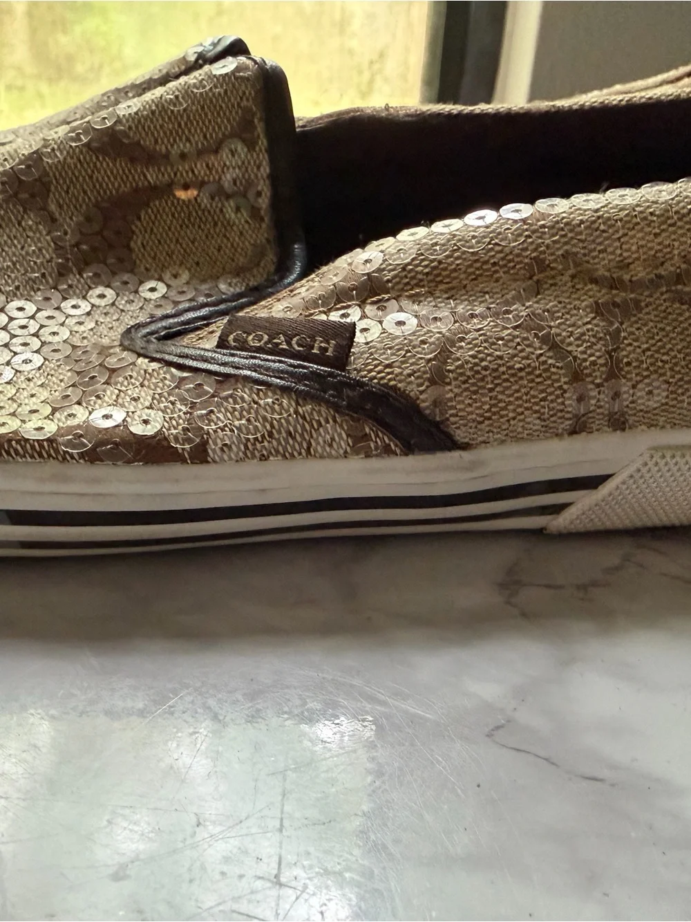 Coach Sequin Signature Slip-On in Gold and Brown sz 6